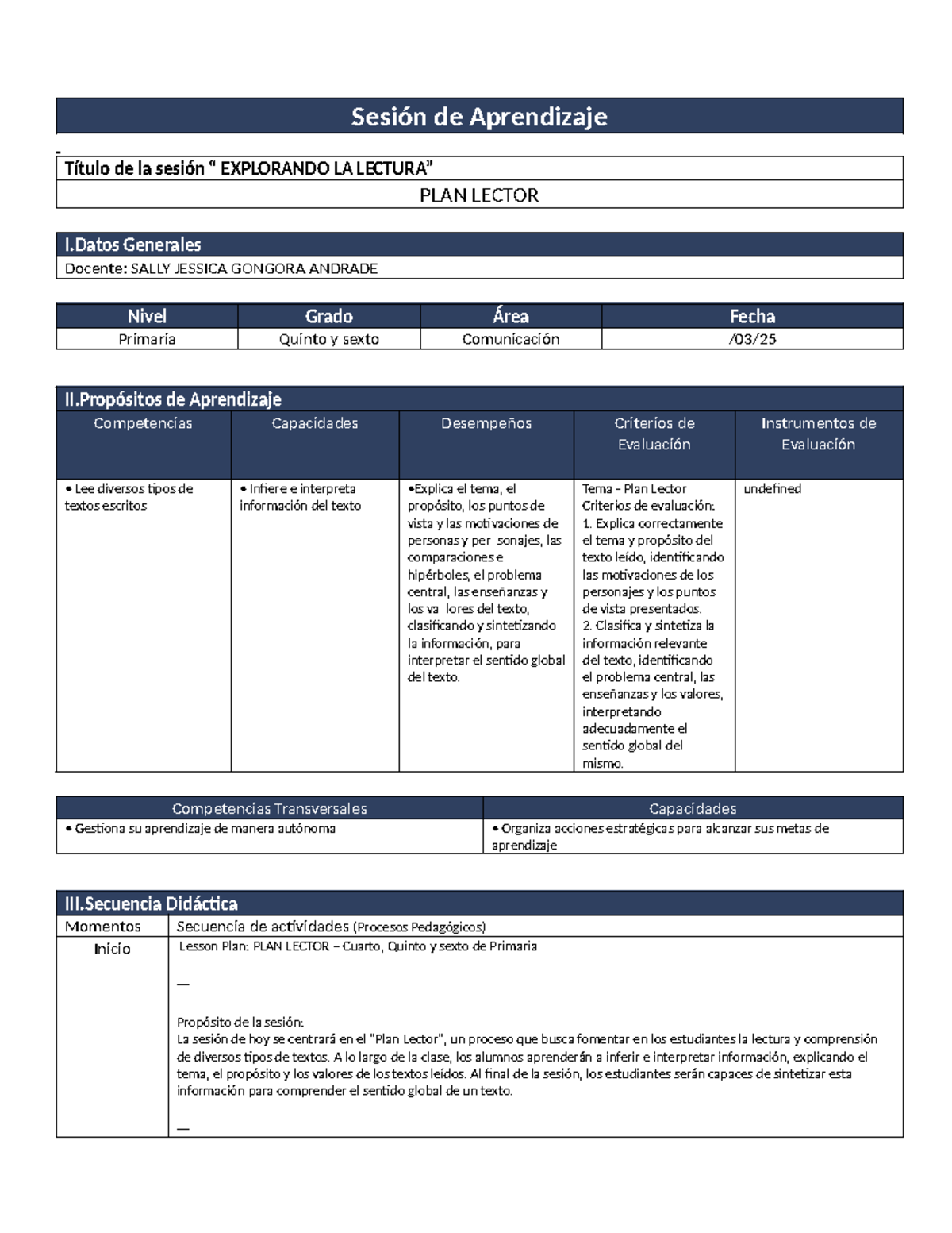 PLAN Lector - Sesión de Aprendizaje Título de la sesión “ EXPLORANDO LA ...