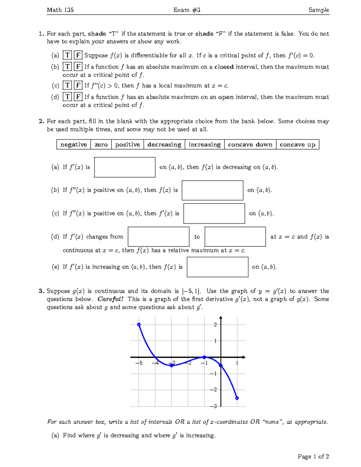 Math 135 Midterm Exam Sample 1: True/False & Fill-in-the-Blank - Studocu