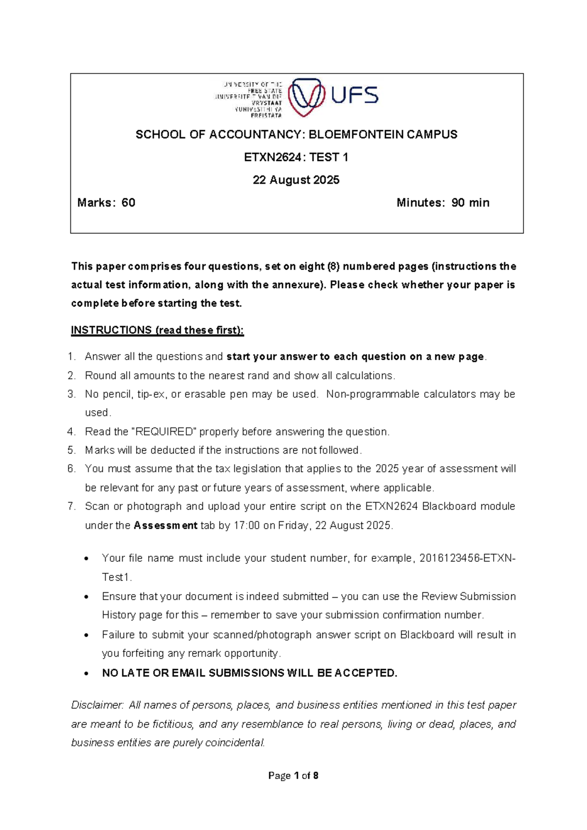ETXN2624: Test 1 Guidelines and Questions - 22 August 2025 - Studocu