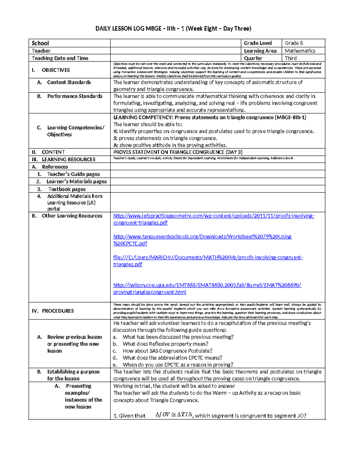 III-Day-31 - Lesson Plan in Grade 8 Math - DAILY LESSON LOG M8GE – IIIh ...