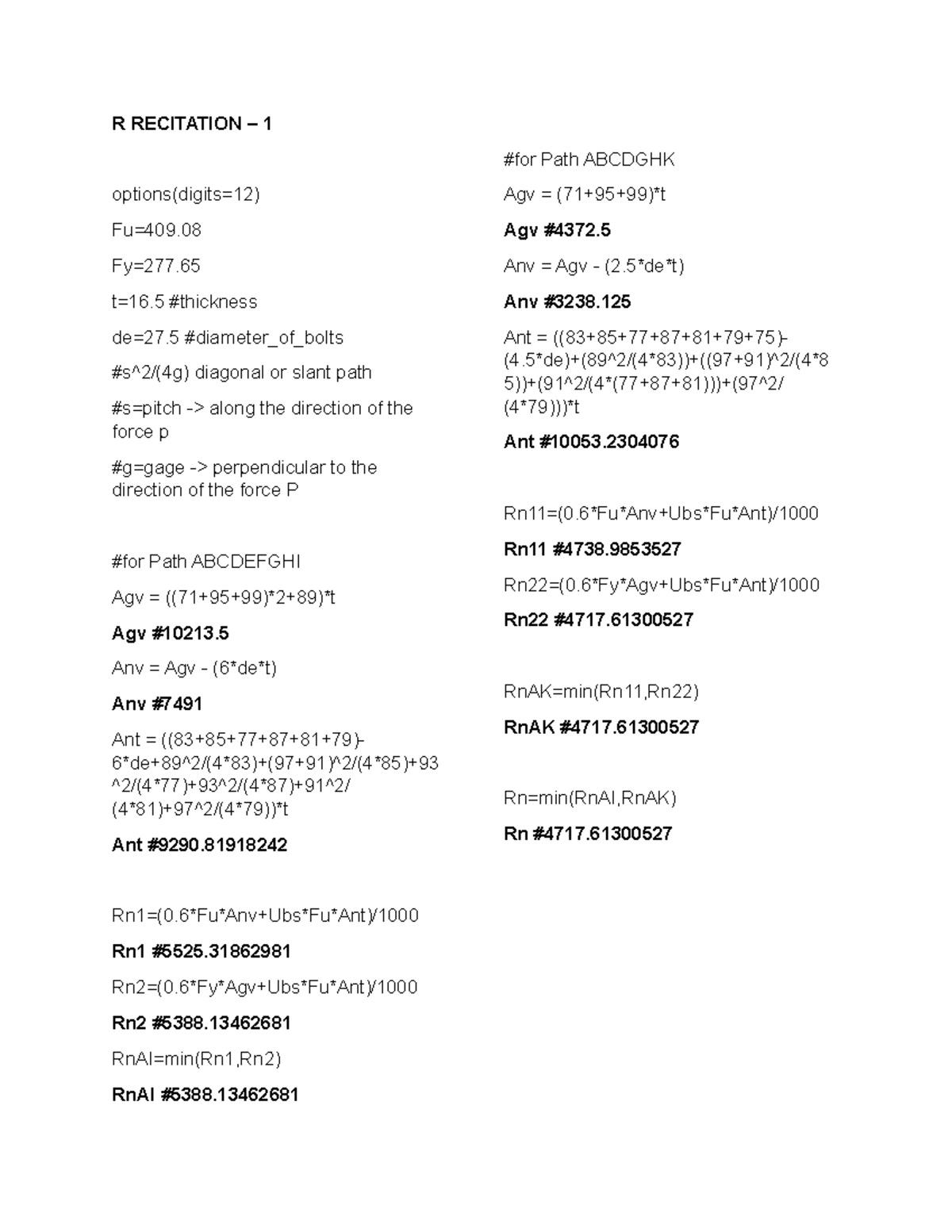 R- Recitation - coding - R RECITATION – 1 options(digits=12) Fu=409. Fy ...