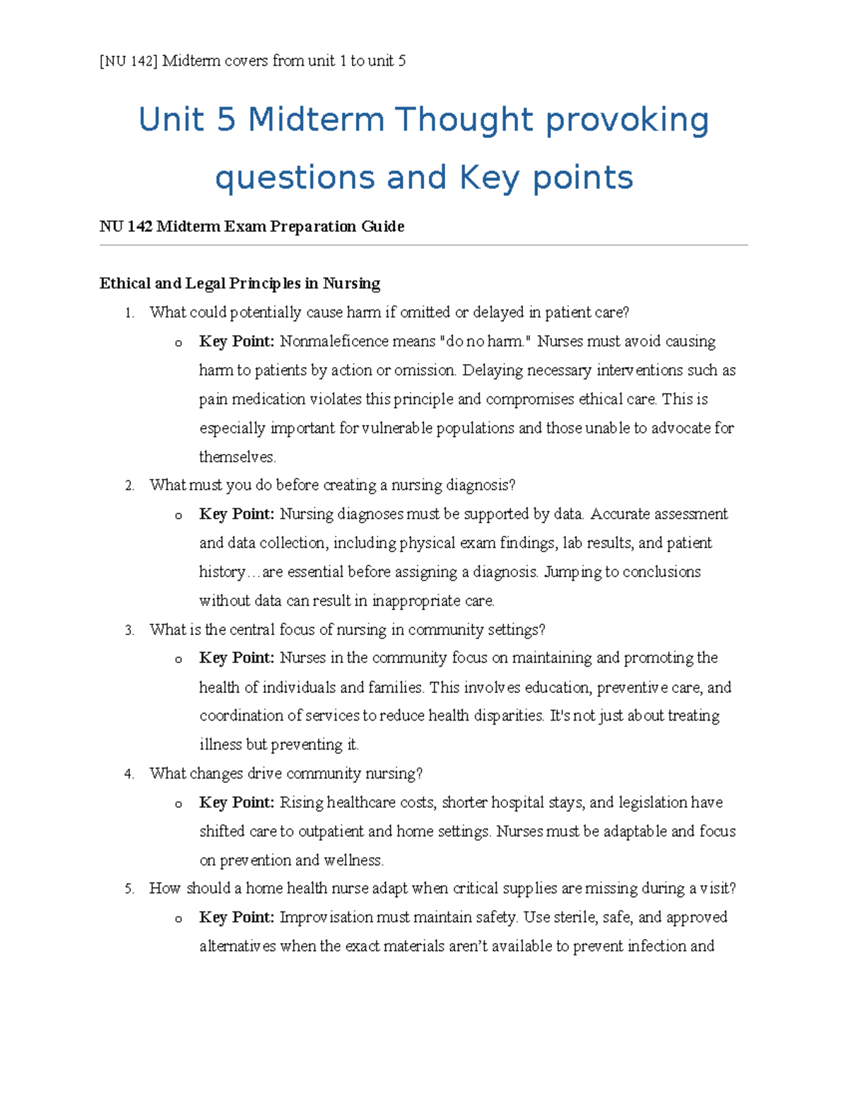 NU 142 Unit 5 Midterm Exam Study Guide with Key Nursing Concepts - Studocu