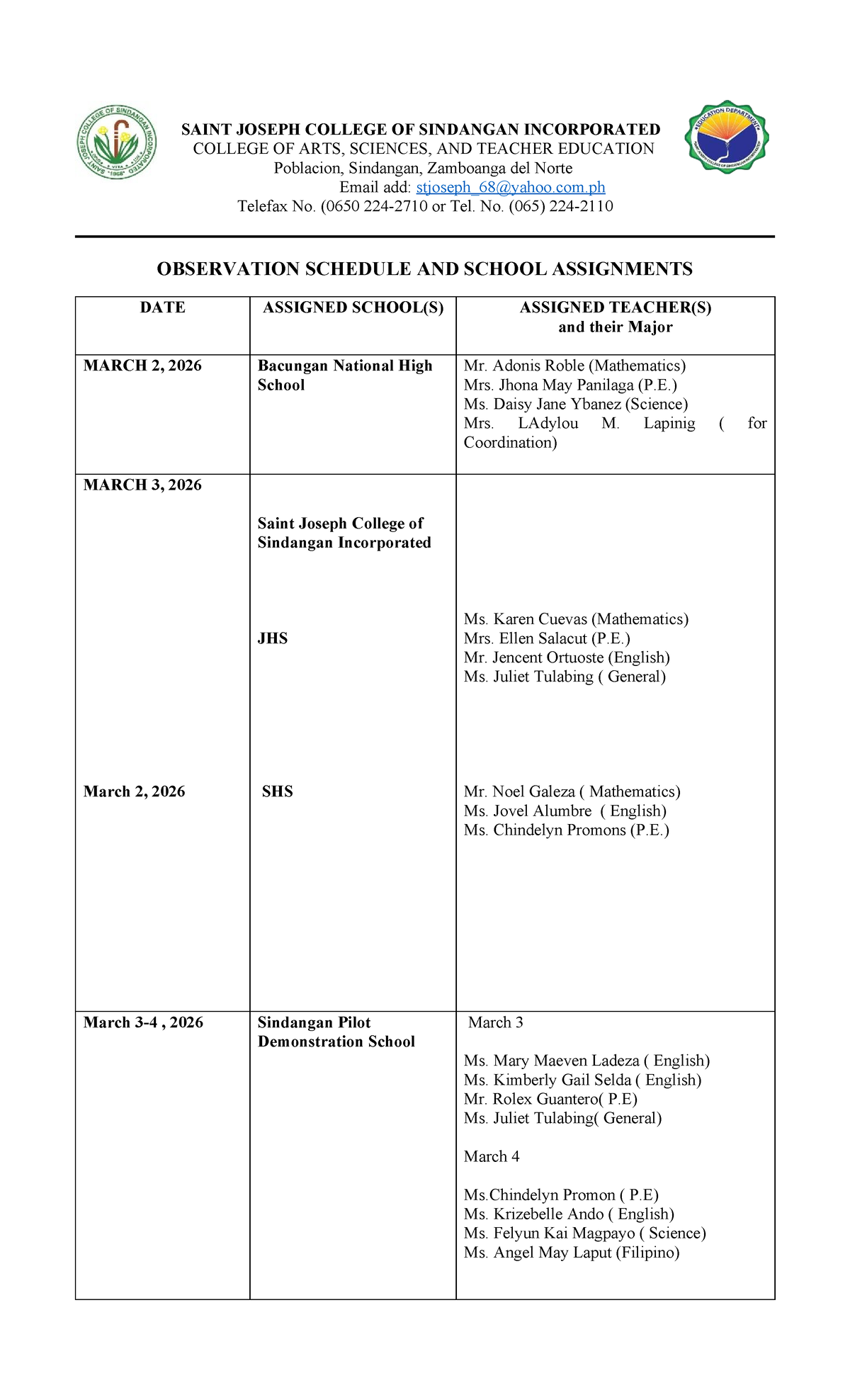 Observation Schedule and School Assignments for March 2026 - Studocu