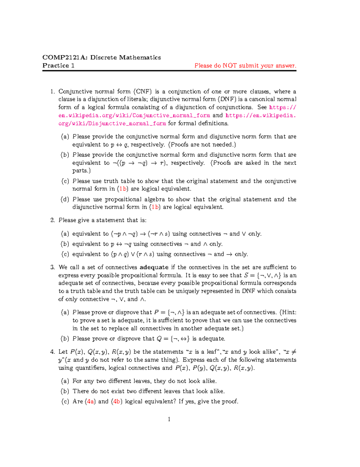 COMP2121A 2024 Discrete Mathematics Practice 1 Questions - Studocu