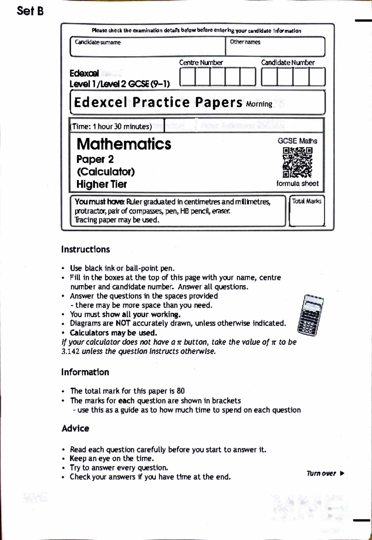 Set B GCSE Maths Paper 2 (Calculator) Exam Instructions - Studocu