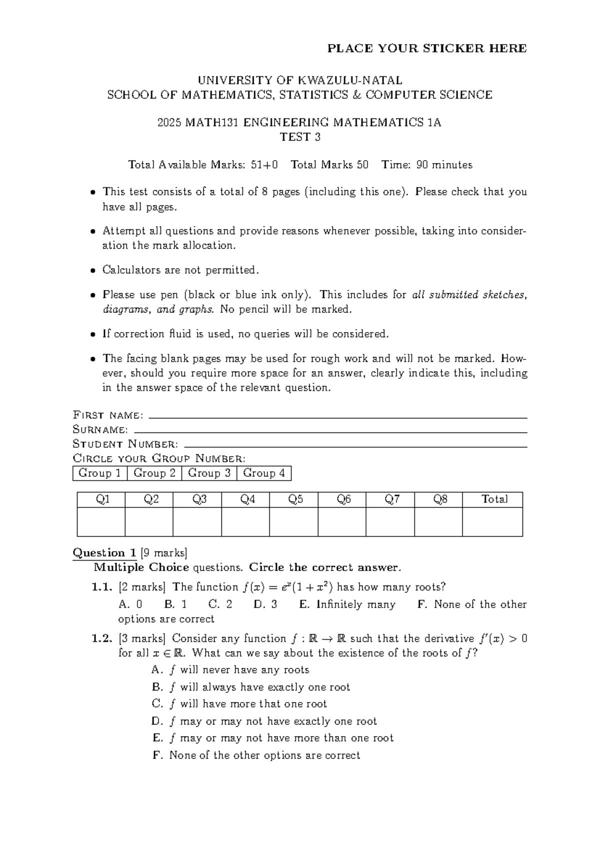 2025 MATH131 Engineering Mathematics 1A Test 3 Notes - Studocu