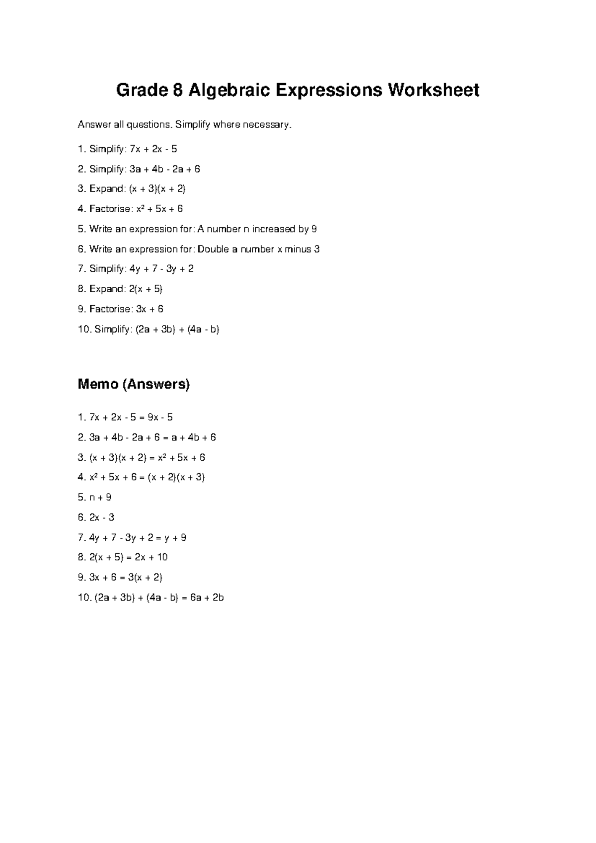 Grade 8 Algebraic Expressions Worksheet Answers & Solutions - Studocu