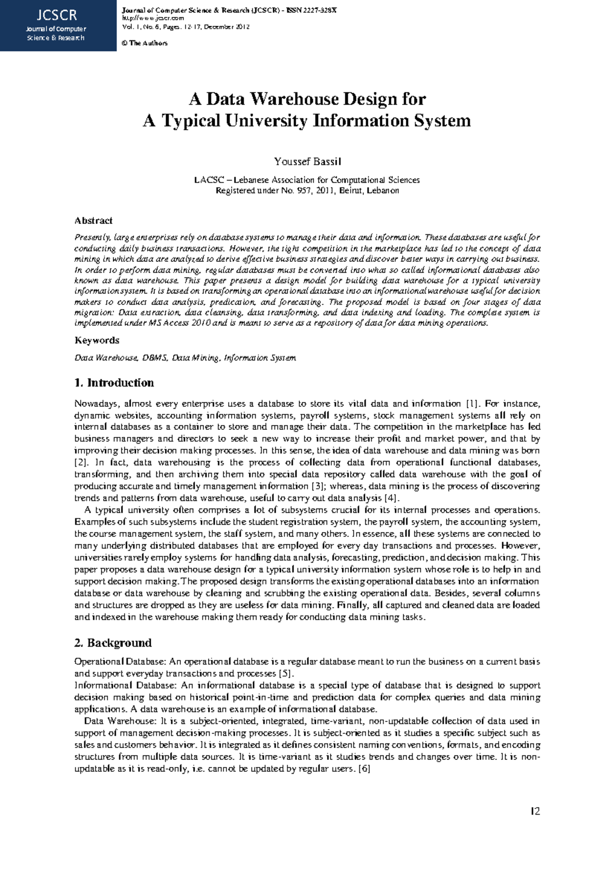 DWH: Data Warehouse Design for University Info Systems (JCSCR) - Studocu