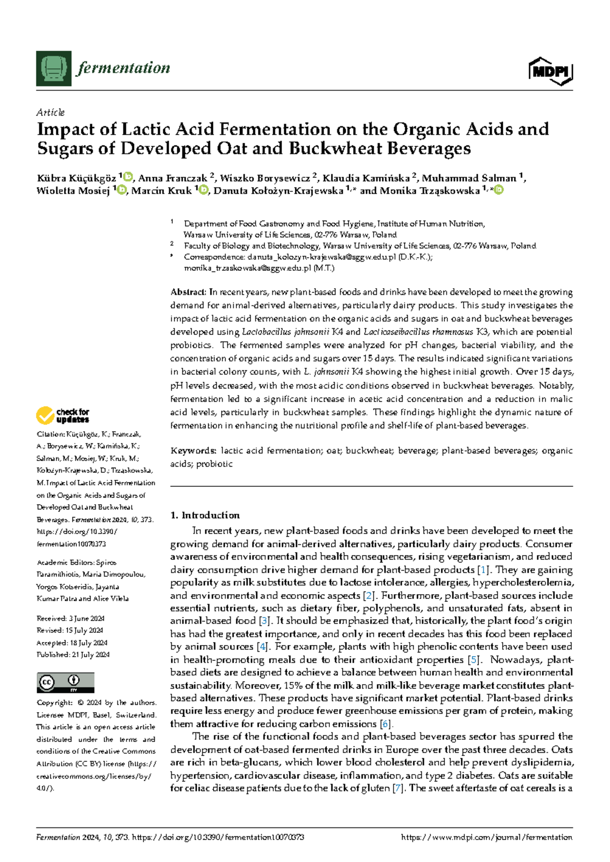 Impact of Lactic Acid Fermentation on Oat and Buckwheat Beverages ...