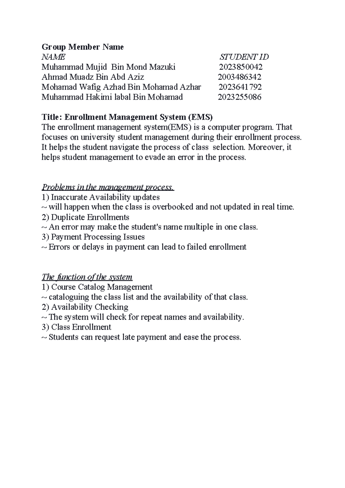 Group Proposal CSC 186 docx - Group Member Name NAME STUDENT ID ...
