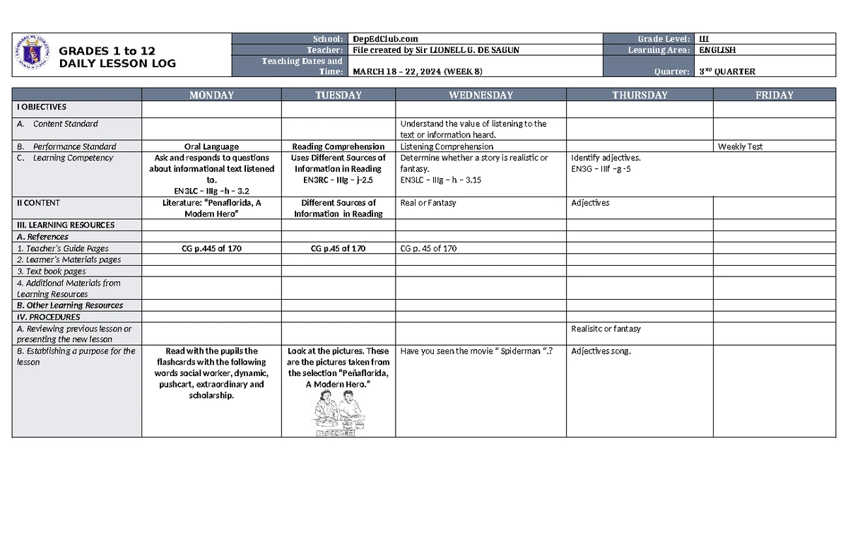 DLL Filipino 3 Q3 W8: Daily Lesson Log for April 3-5, 2023 - Studocu