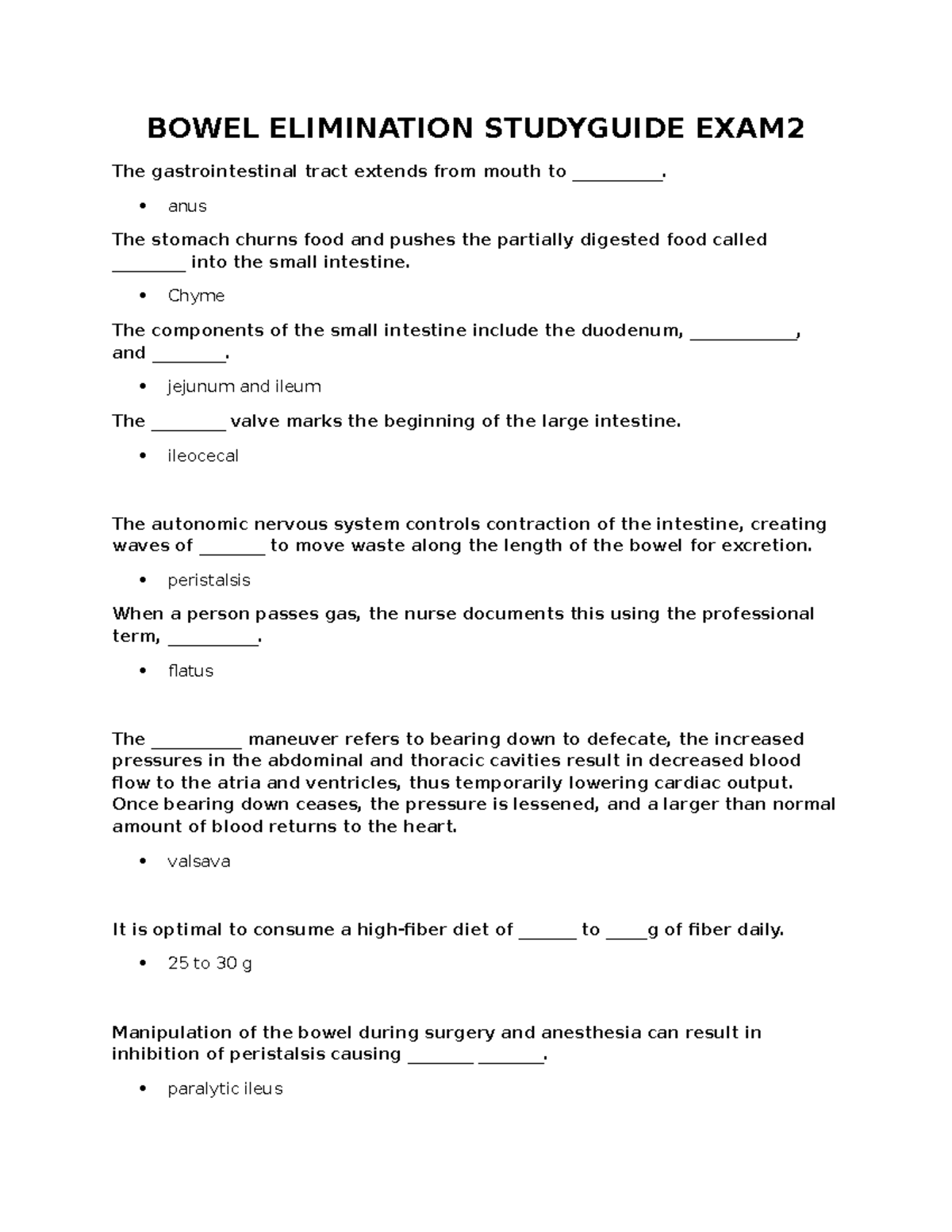 BOWEL ELIMINATION STUDY GUIDE FOR EXAM 2: Key Concepts and Practices ...