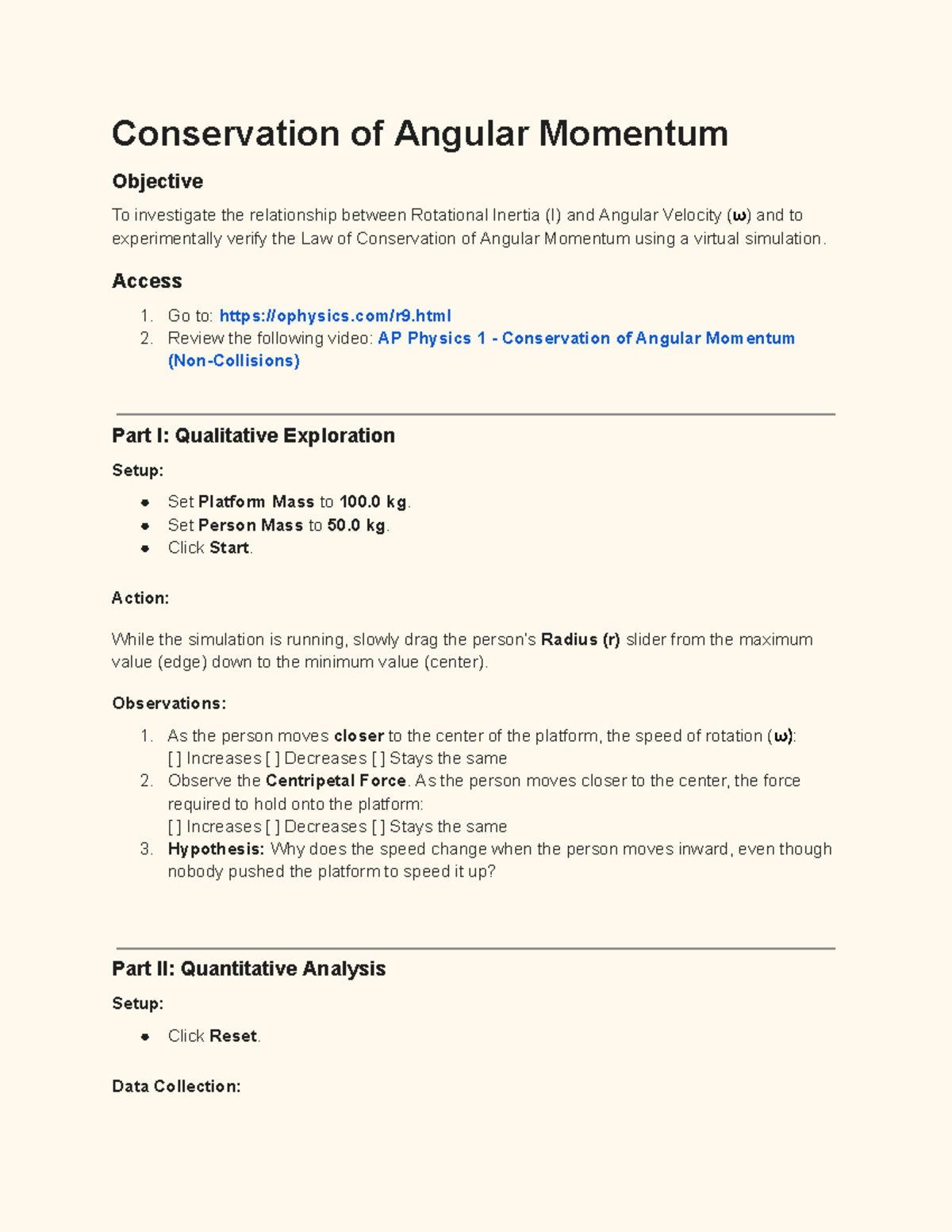 AP Physics 1 - Conservation of Angular Momentum Lab Report - Studocu