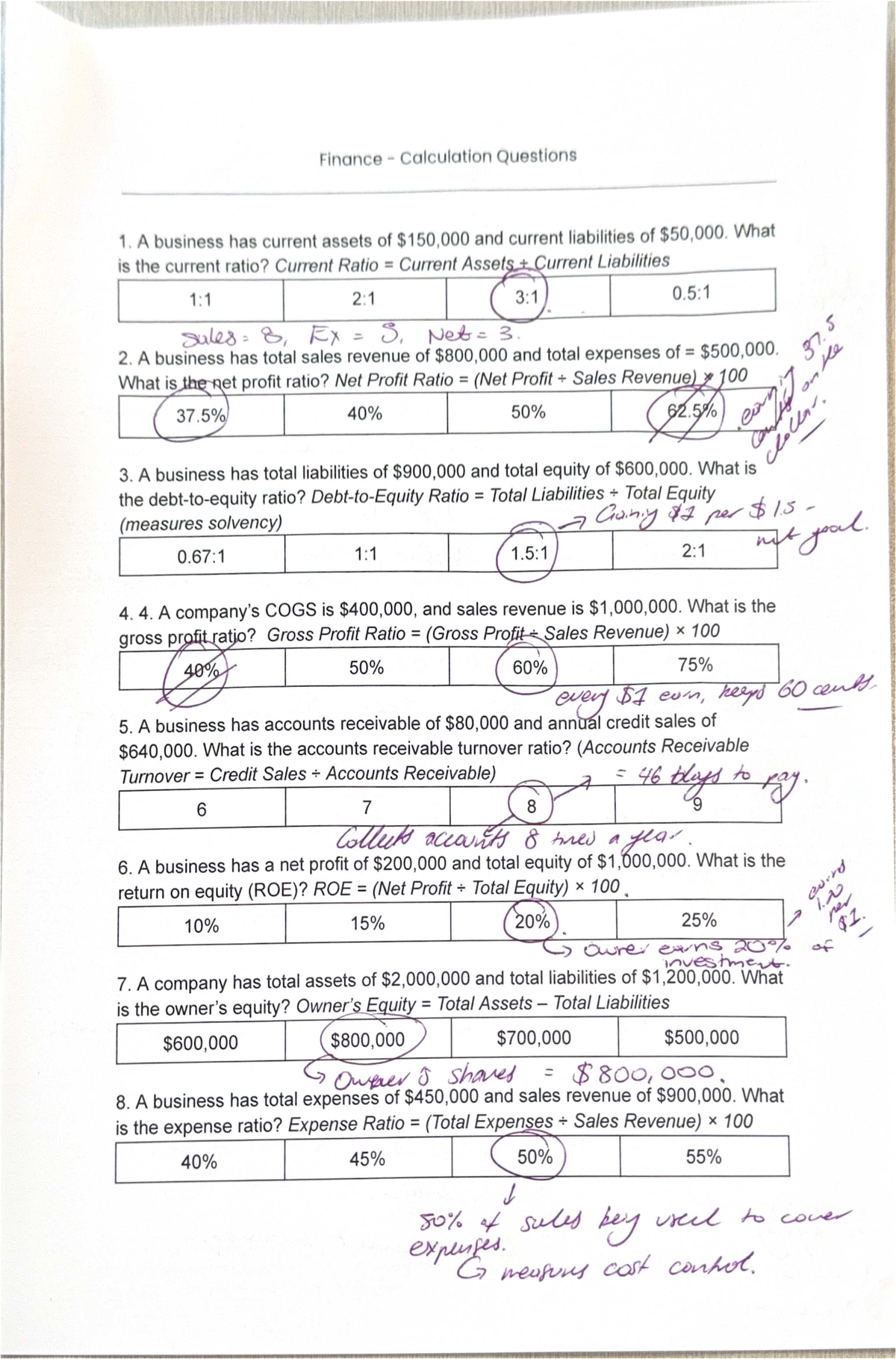 Finance - Calculation Questions for Current Ratios and Profitability ...