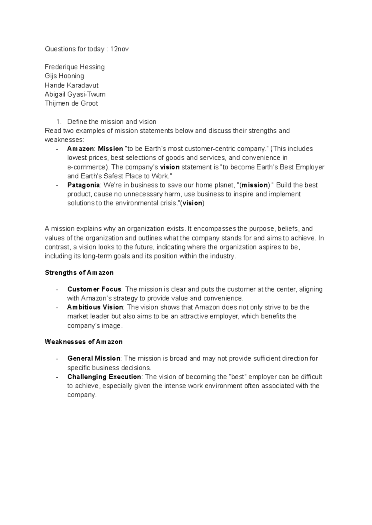 Assignment 3: Theory Lab Session on Mission and Vision Statements ...