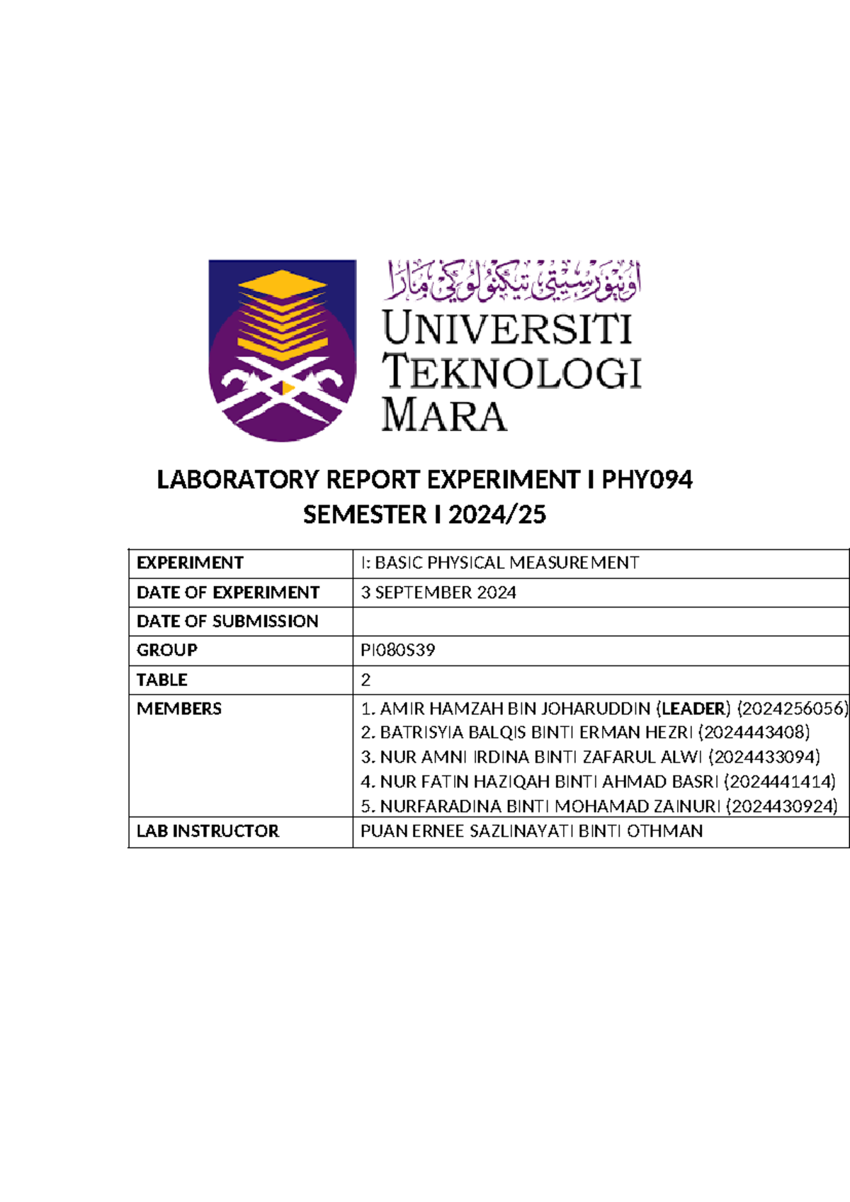 PHY094 Lab Report: Experiment I - Basic Physical Measurement - Studocu