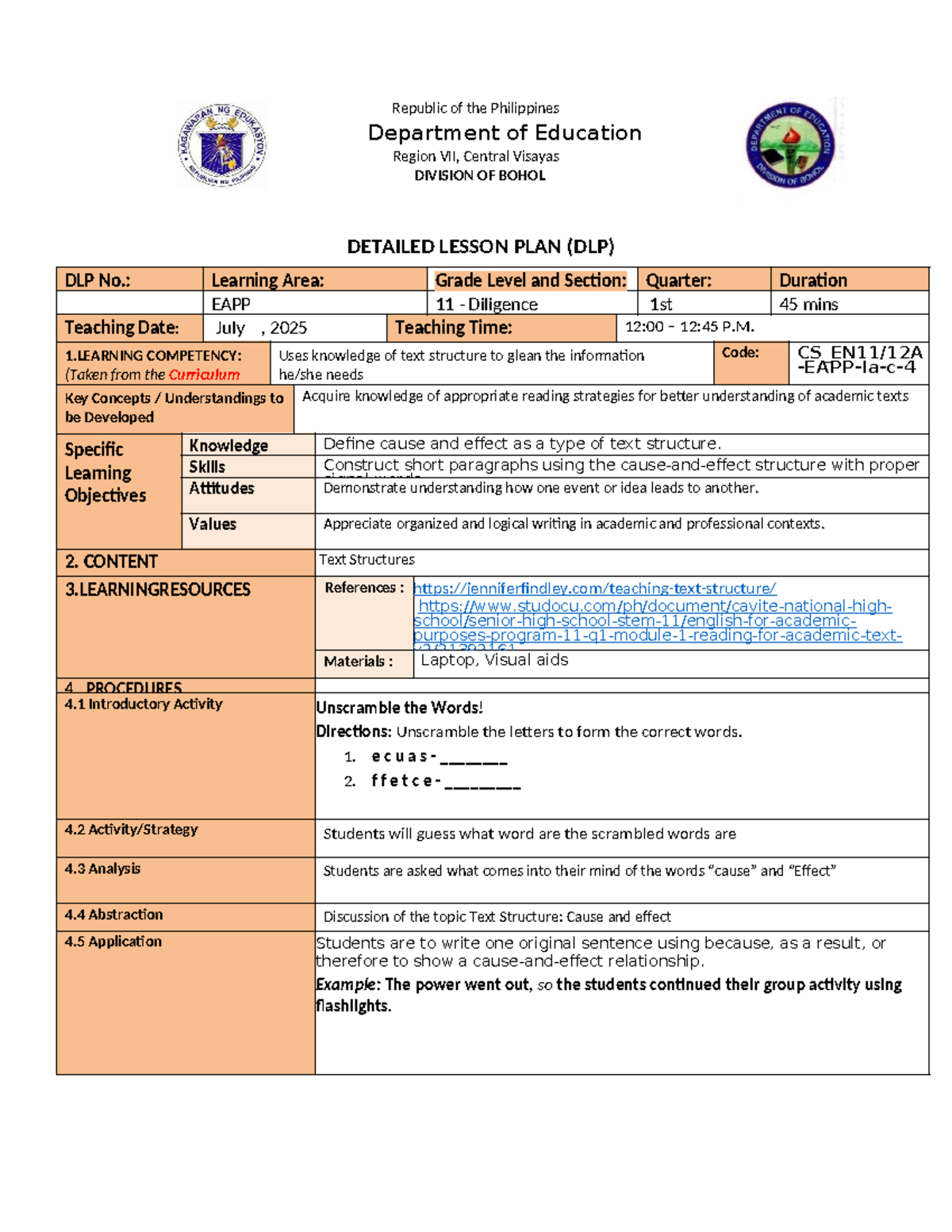 DLP: Text Structure - Cause and Effect for EAPP 11 (July 2025) - Studocu
