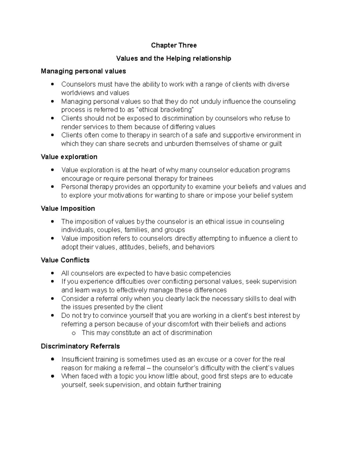 Chapter 3 - Values & the Helping Relationship in Counseling - Studocu