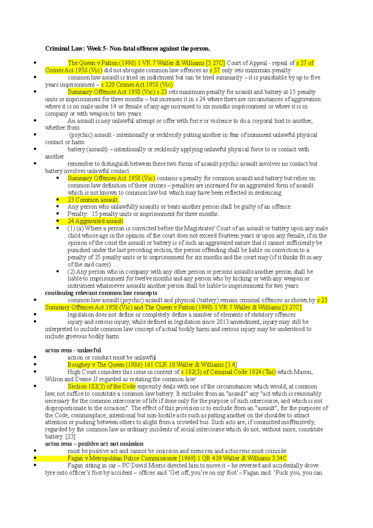 Criminal Law (Law101): Final Exam Notes on Non-Fatal Offences - Studocu