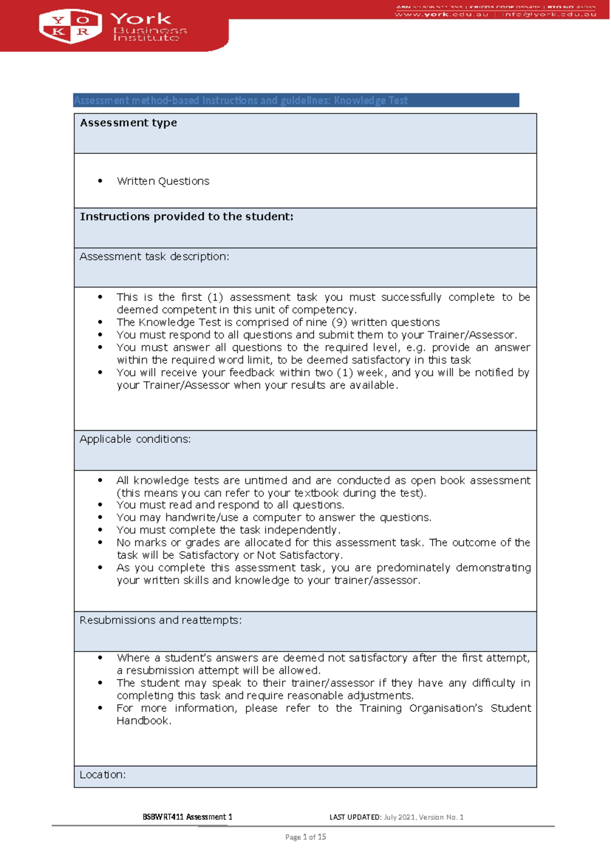 BSBWRT411 Knowledge Test Assessment 1 Guidelines and Instructions - Studocu