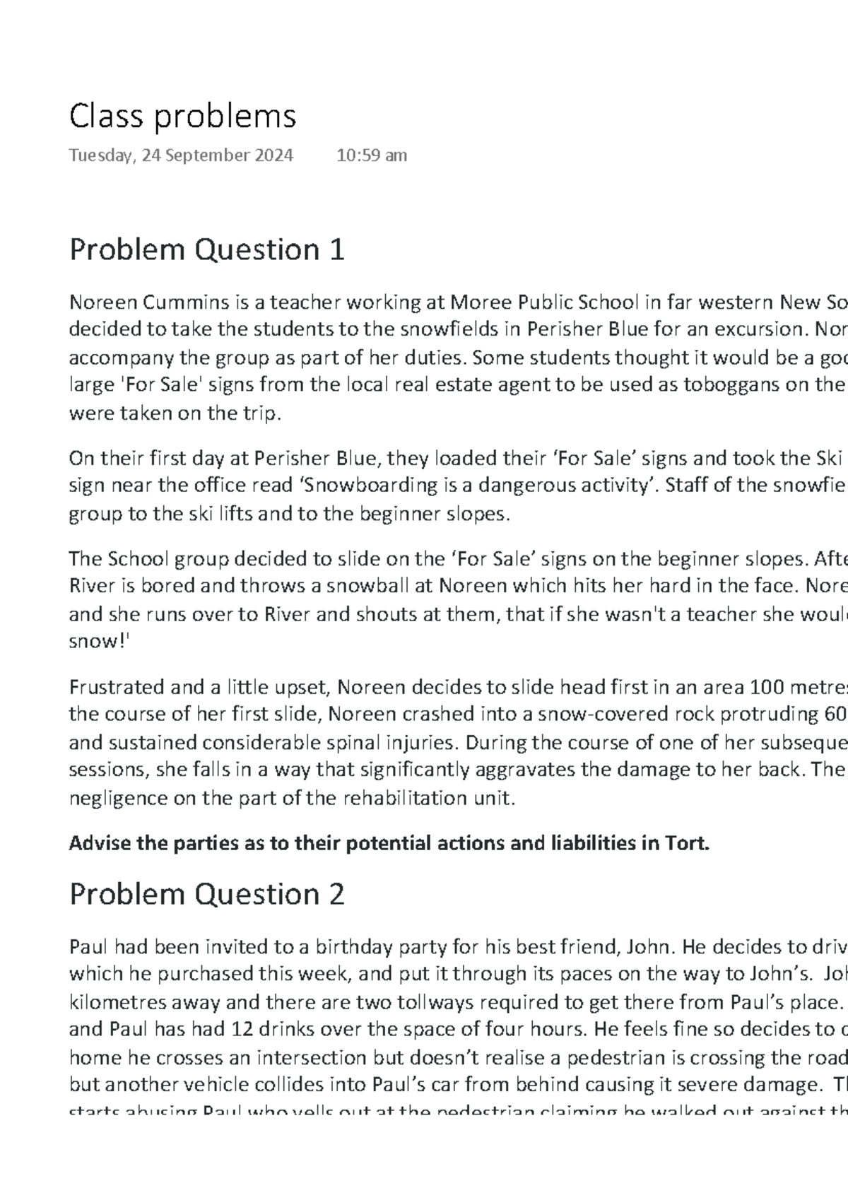 Legal Liability Issues in Class Problems - Tort Law Analysis - Studocu