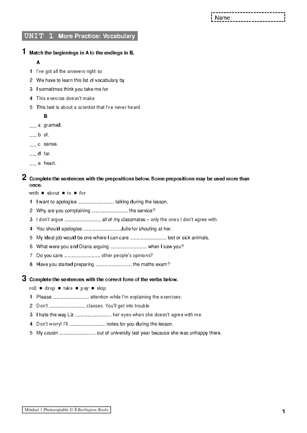 Mindset 1: Unit 1 Vocabulary & Grammar Practice - Studocu