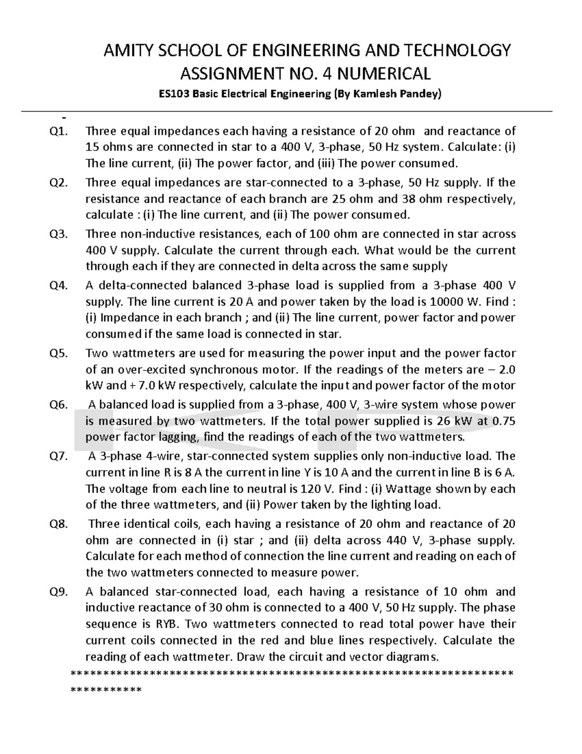 ES103 Assignment 4: Numerical Solutions in Basic Electrical Engg - Studocu