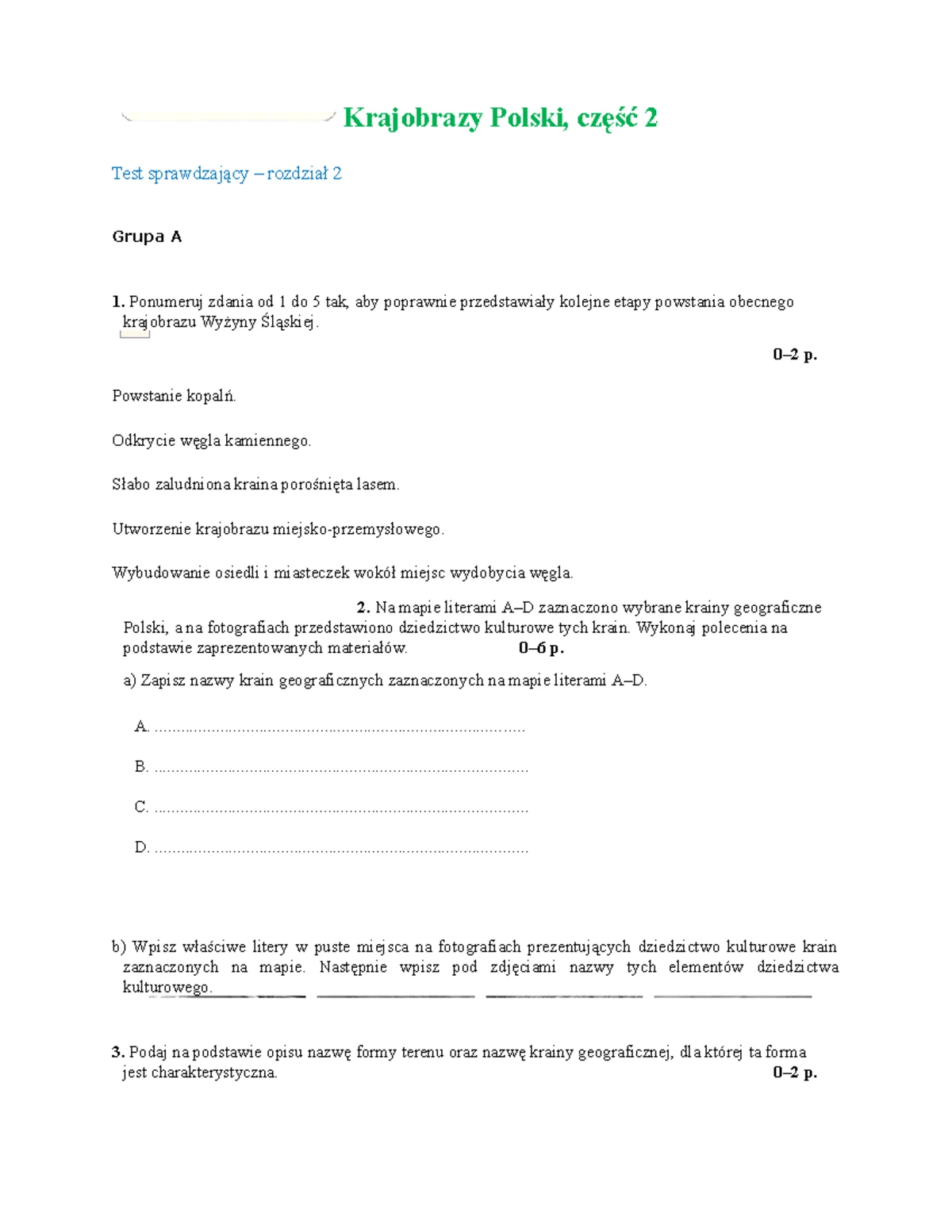 Test Krajobraz Polski Klasa 5 Krajobraz świata kl5 test - Test wiadomości i umiejętności z