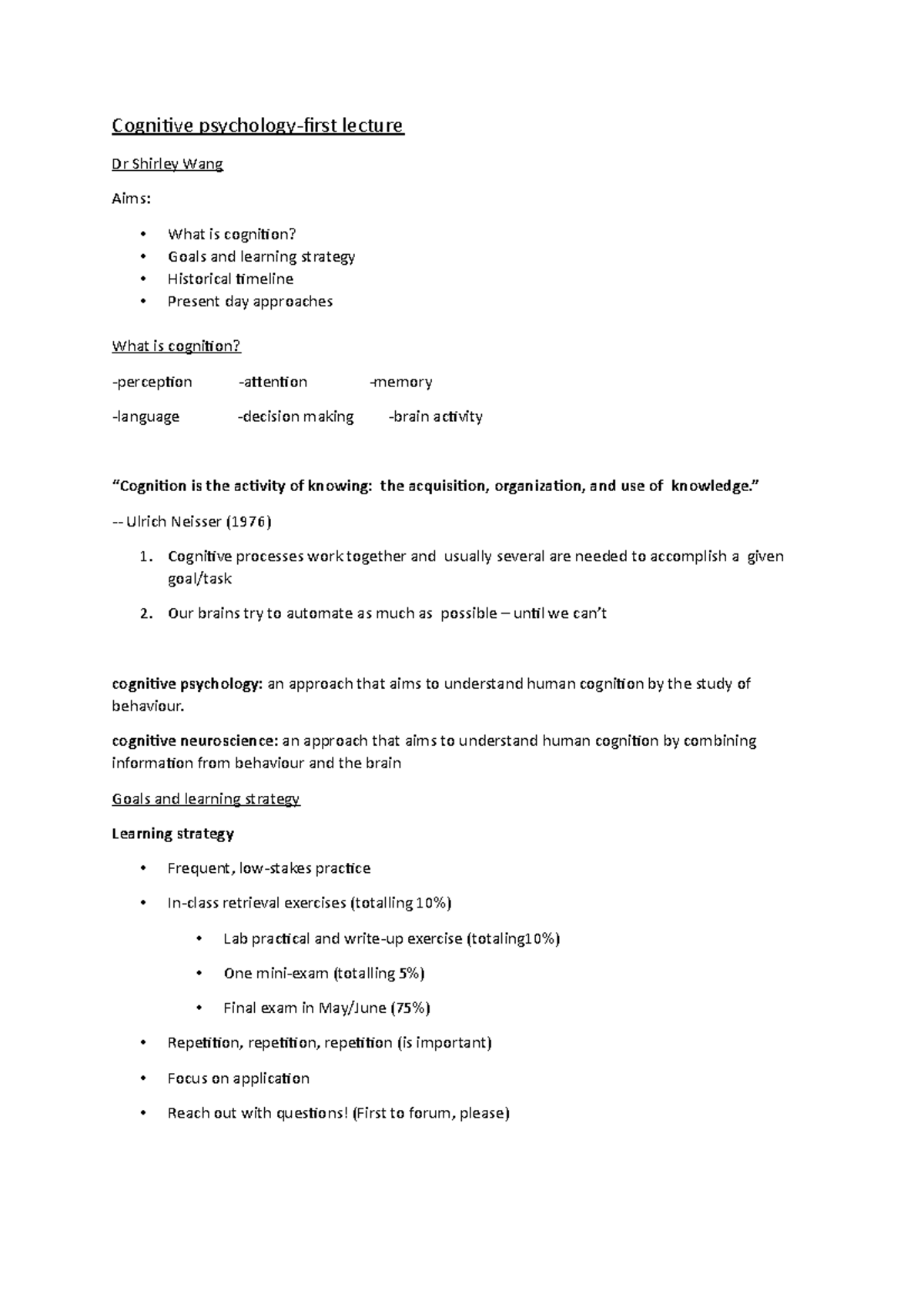 Cognitive psychology lecture 1 notes(intro to cognitive psychology ...