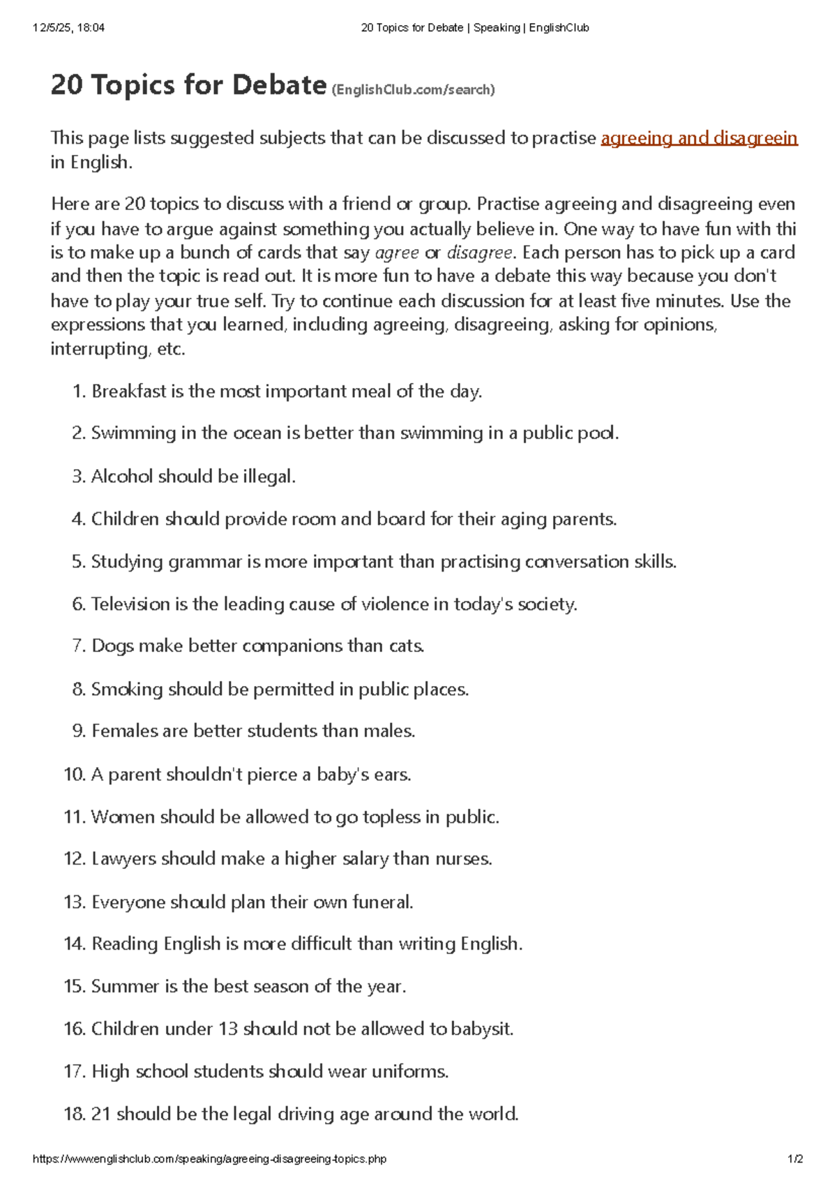 20 Debate Topics for Speaking Practice in English Club - Studocu