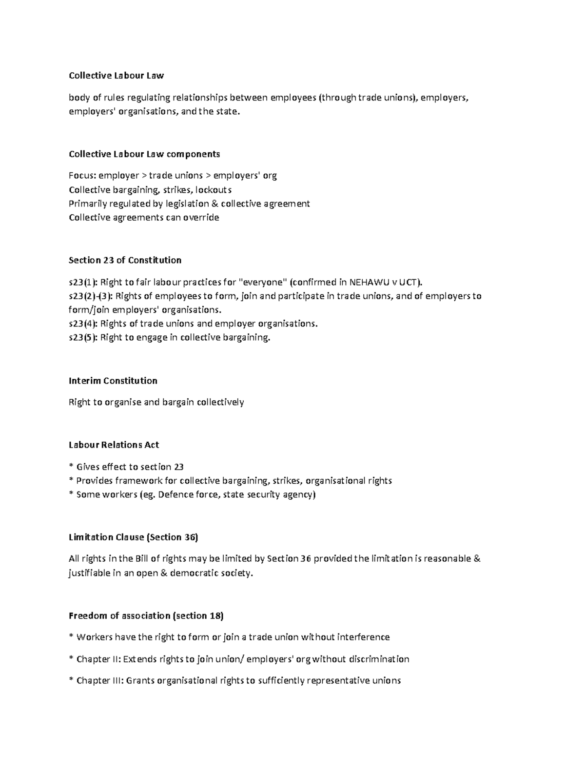 Collective Labour Law (CLL) Summarised Notes: Key Concepts ...