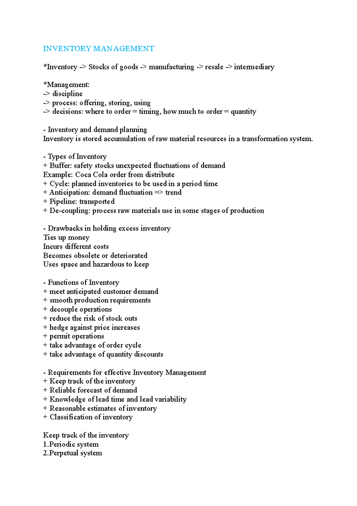 5. Inventory management - INVENTORY MANAGEMENT *Inventory -> Stocks of ...