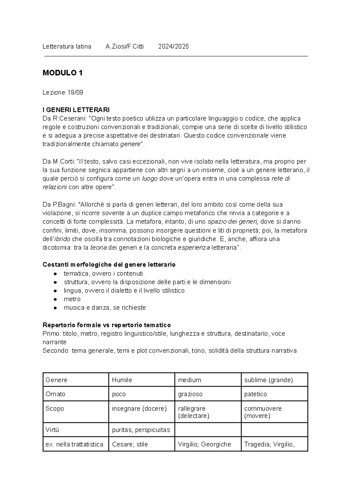 Letteratura Latina MODULO 1 Lezione I: Generi Letterari e Orazio - Studocu