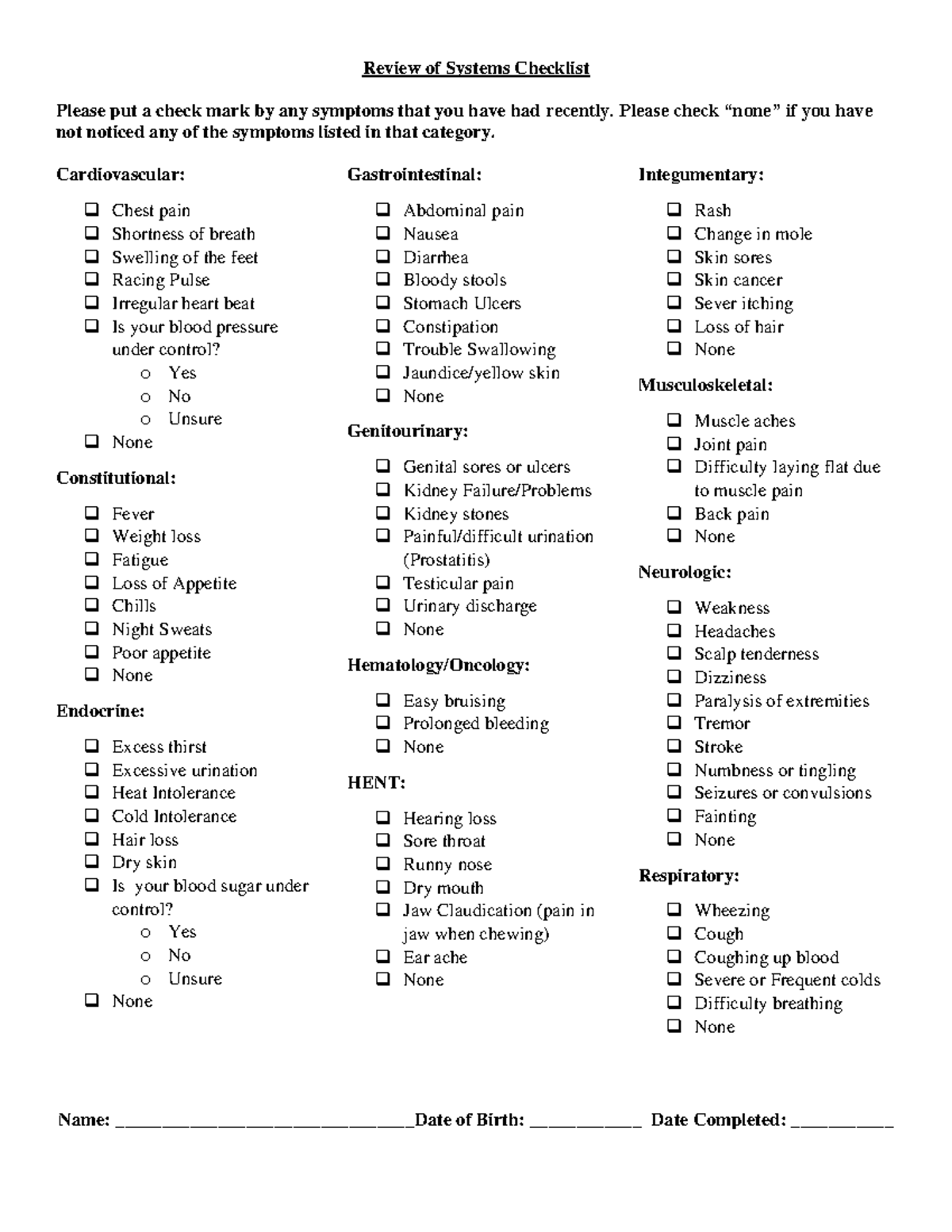 Review of Systems Checklist - Patient Symptom Assessment - Studocu