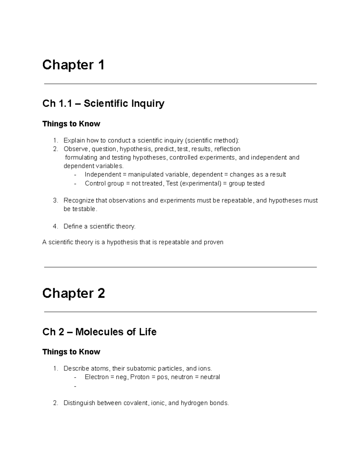 Biology 101: Chapter Notes on Scientific Inquiry and Life Molecules ...