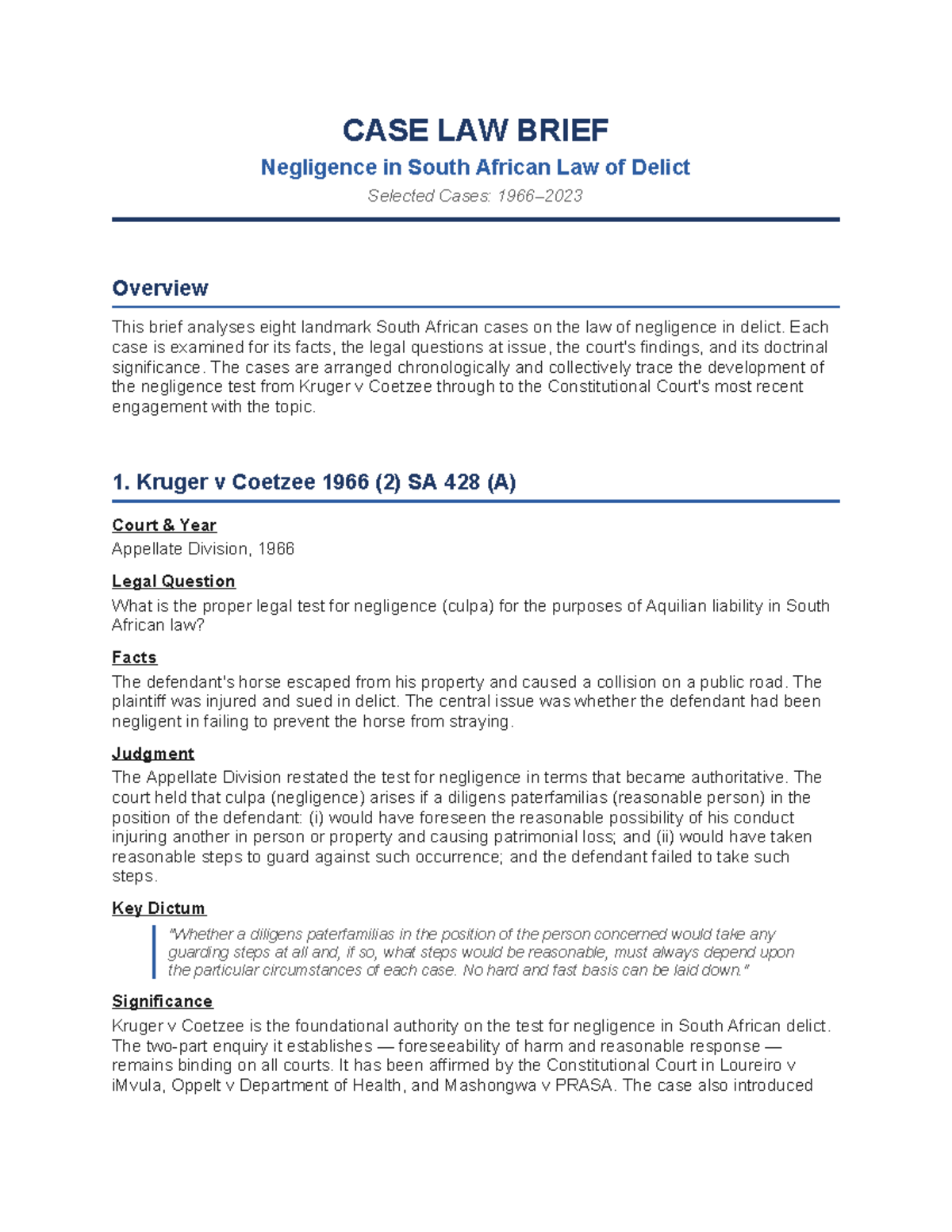 CASE LAW BRIEF: Negligence in South African Delict (Selected Cases ...