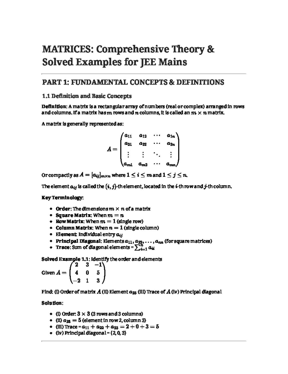 MATRICES: Theory & Solved Examples for JEE Mains - Part 1 - Studocu