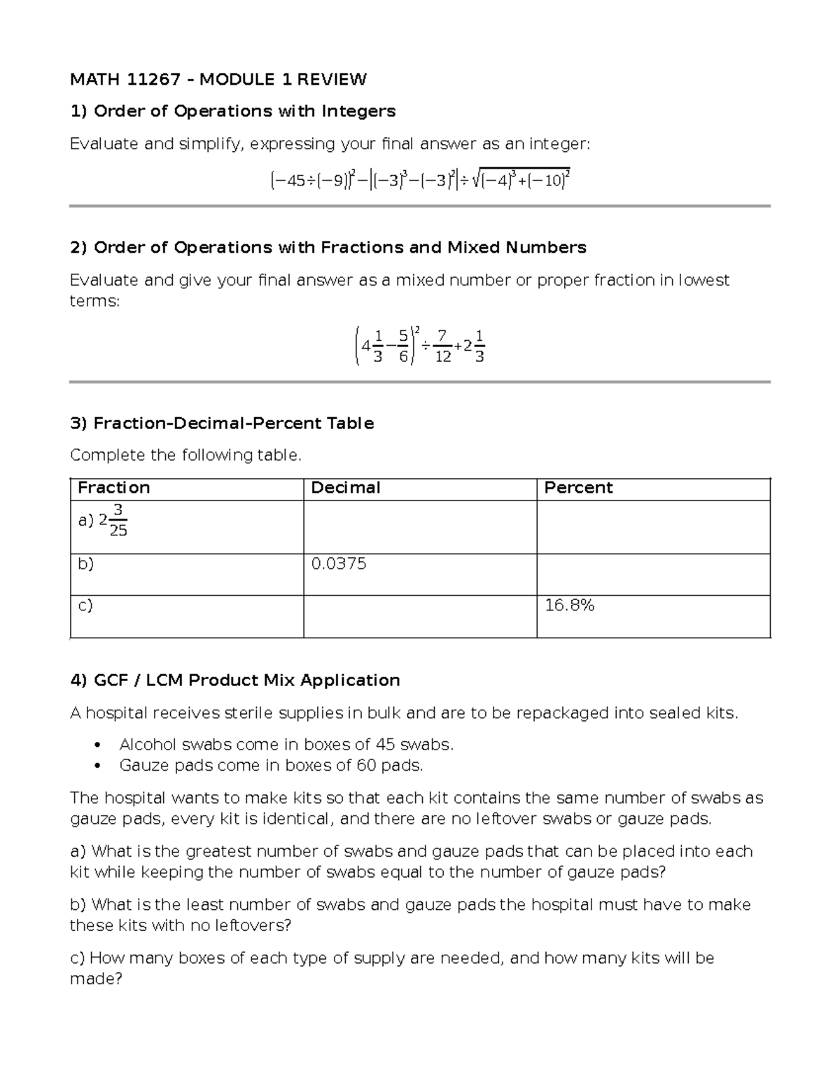MATH 11267 - Module 1 Review: Order of Operations & GCF/LCM - Studocu