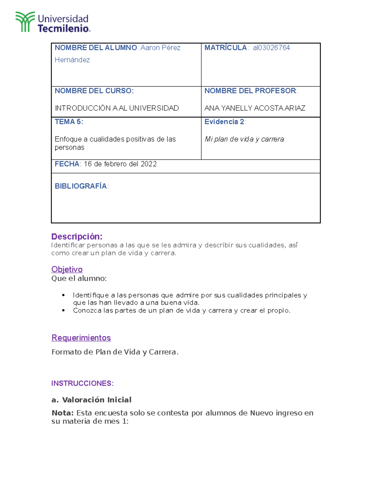 Evidencia 2 de introducción a la universidad - NOMBRE DEL ALUMNO ...