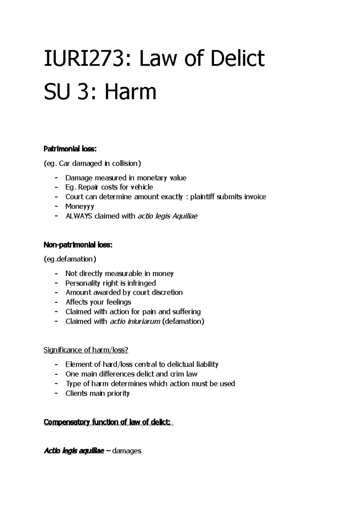 IURI273 - Case Study on Harm and Compensation in Law of Delict - Studocu