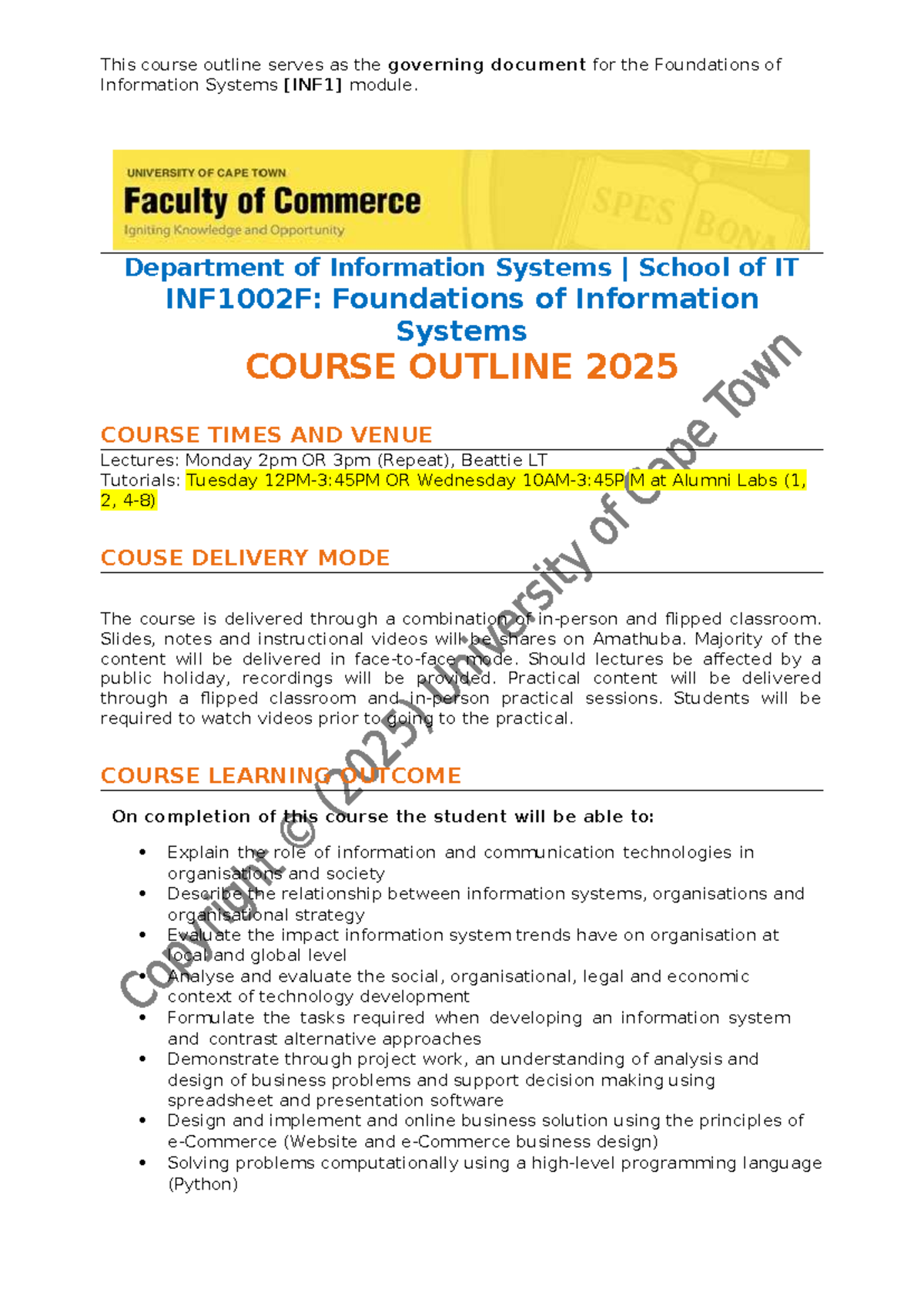 INF1002F Course Outline: Foundations of Information Systems 2025 - Studocu