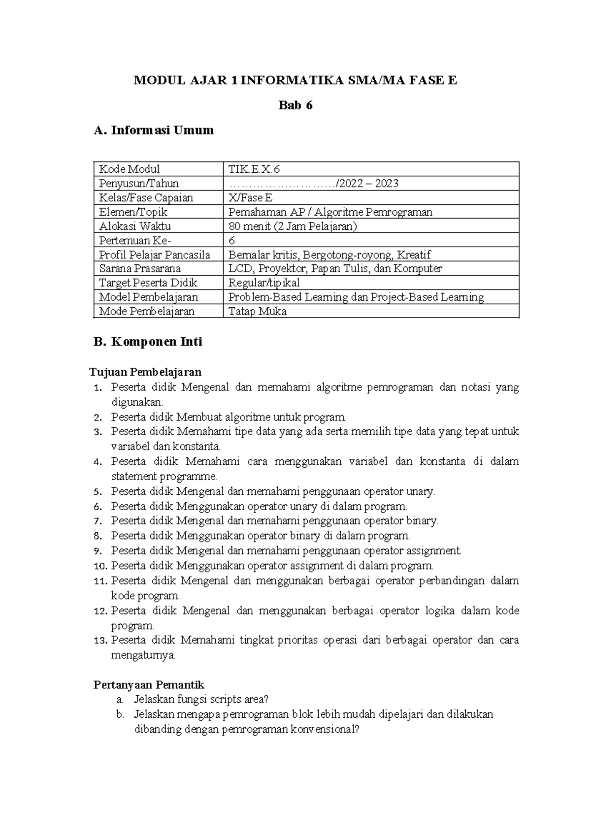 Modul Ajar 1 Informatika FASE E: Bab 6 Algoritma Pemrograman TIK.E.X.6 ...