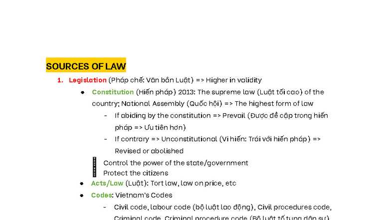 SOURCES OF LAW: Legislation and Legal Framework (LAW 101) - Studocu