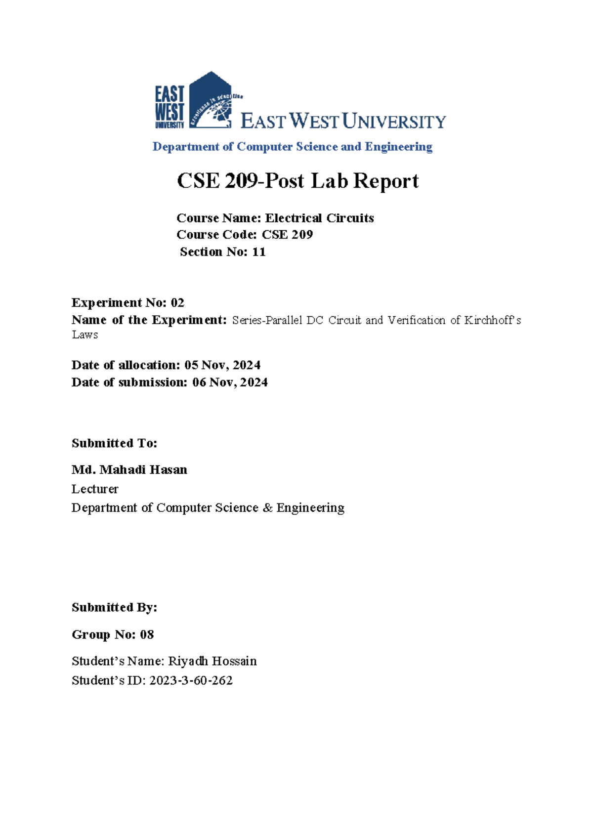 CSE 209 Post Lab Report - Series-Parallel DC Circuit Verification - Studocu