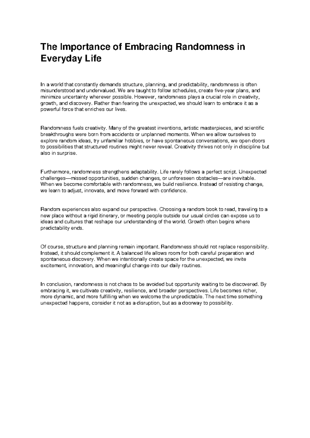 Persuasive Essay on Embracing Randomness in Life-1 - Studocu