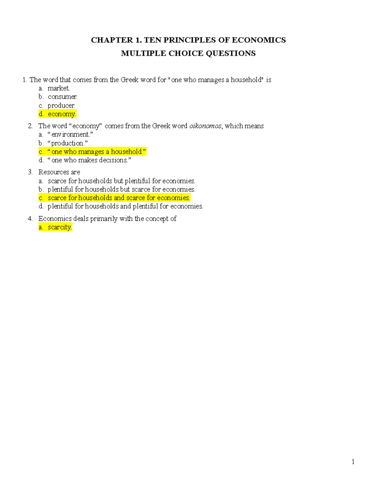 Chapter 1: MCQs on Ten Principles of Economics (ECO 101) - Studocu