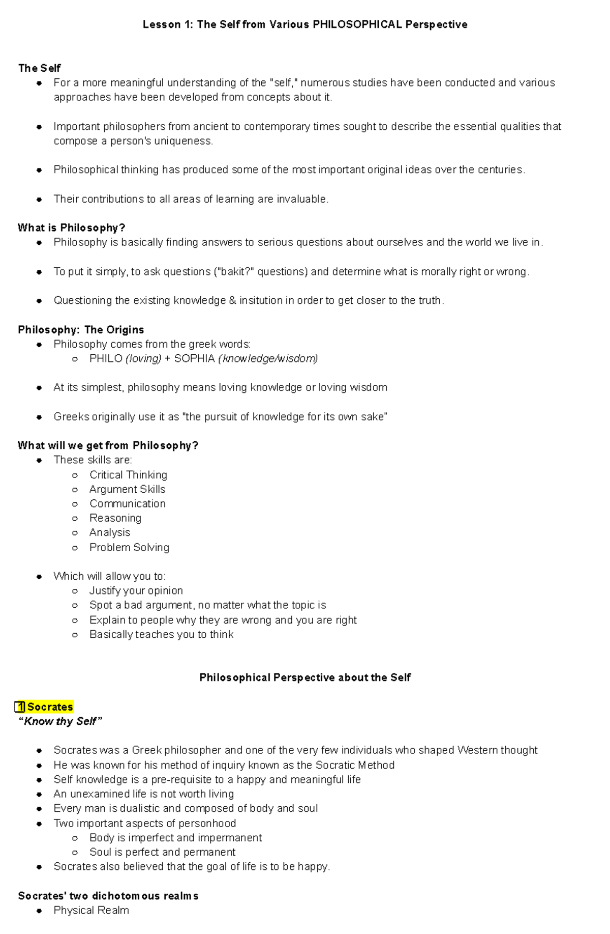 GE UTS - Lesson 1: The Self from Philosophical Perspectives - Studocu
