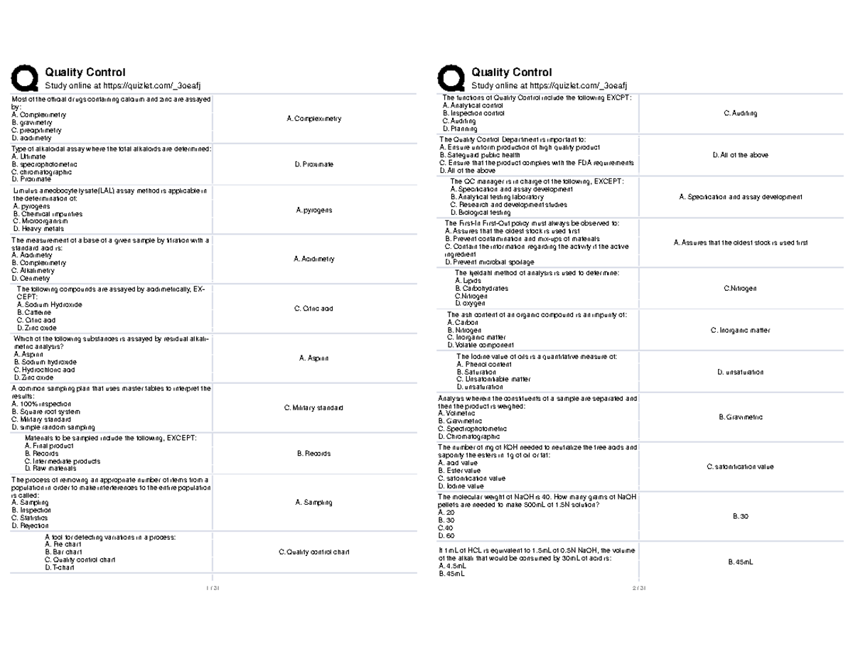 CHEM - Quality Control Study Guide and Exam Review - Studocu