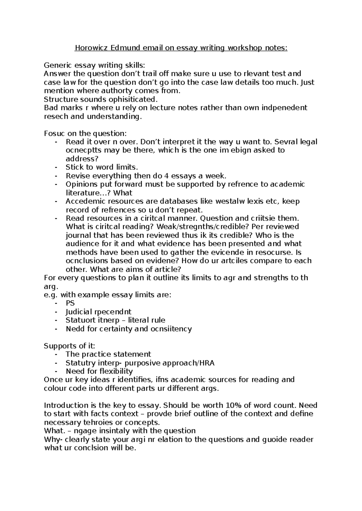 Essay writing workshop notes - Horowicz Edmund email on essay writing ...