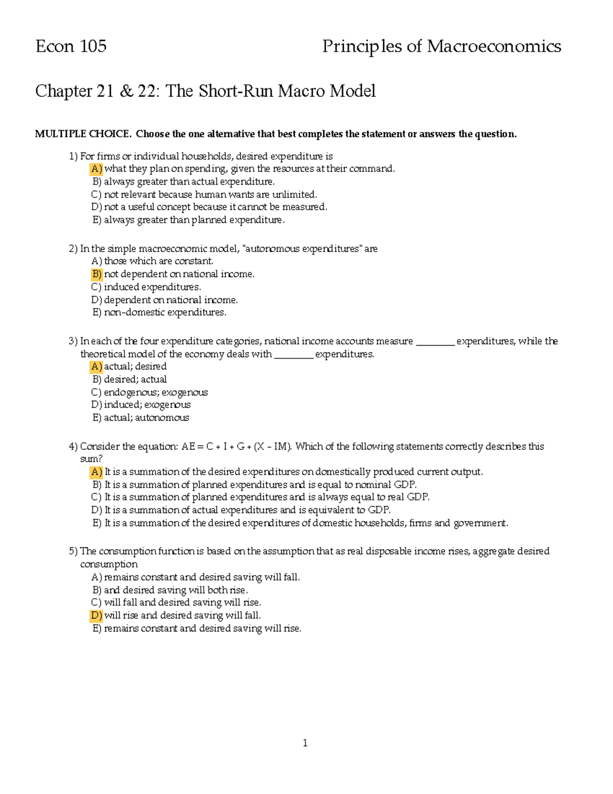 Econ 105 ch 21-22 practice mcq - Econ 105 - Studocu